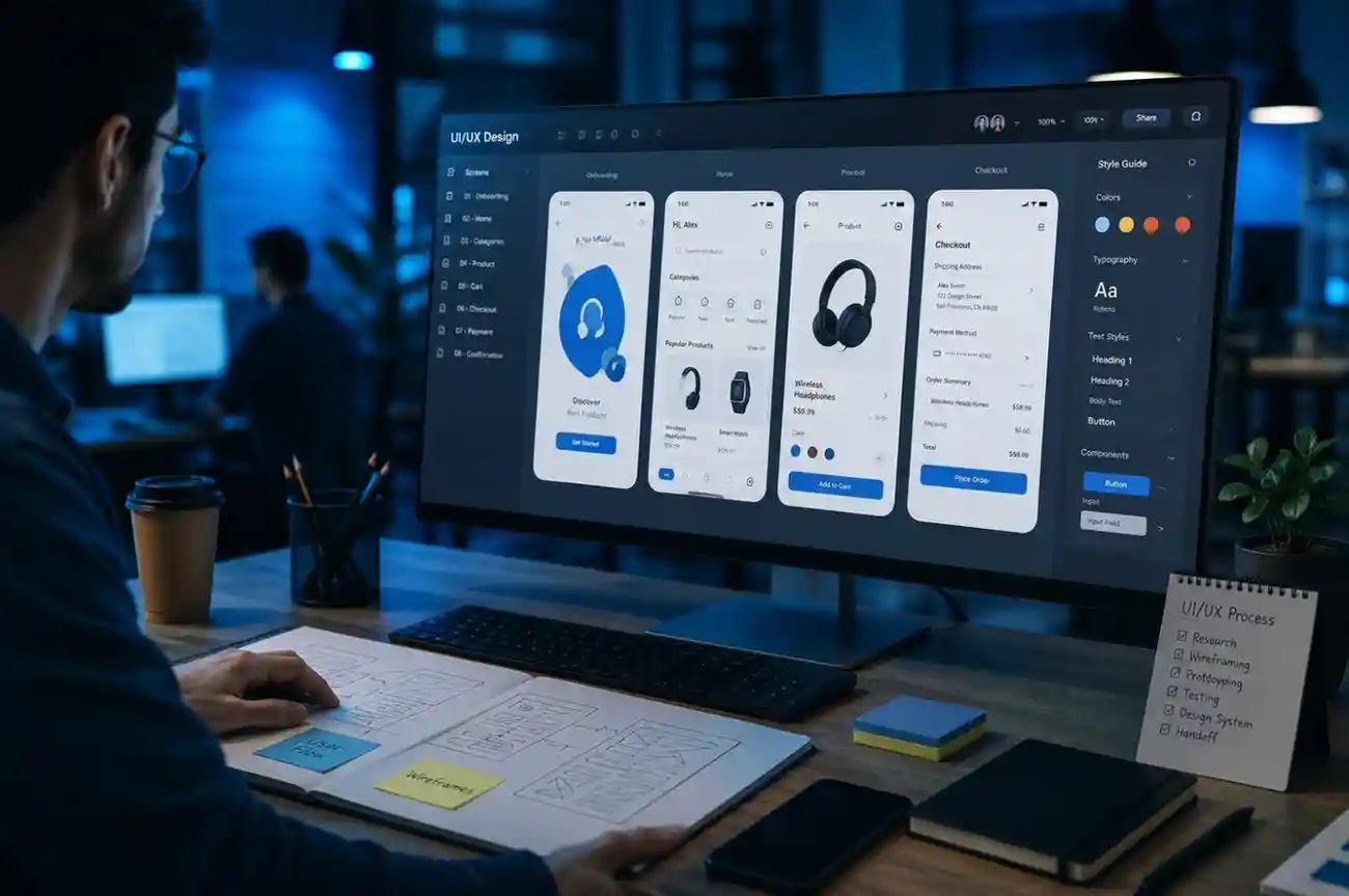 UI/UX designer working in a modern blue-toned workspace with a large monitor displaying mobile app interface designs, wireframes, and design system elements for digital product development.