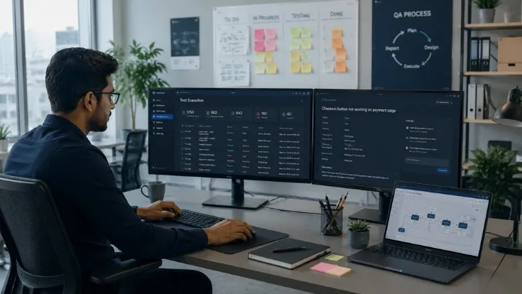 Software QA tester performing test execution and bug analysis in a modern workspace using quality assurance dashboards and testing tools.