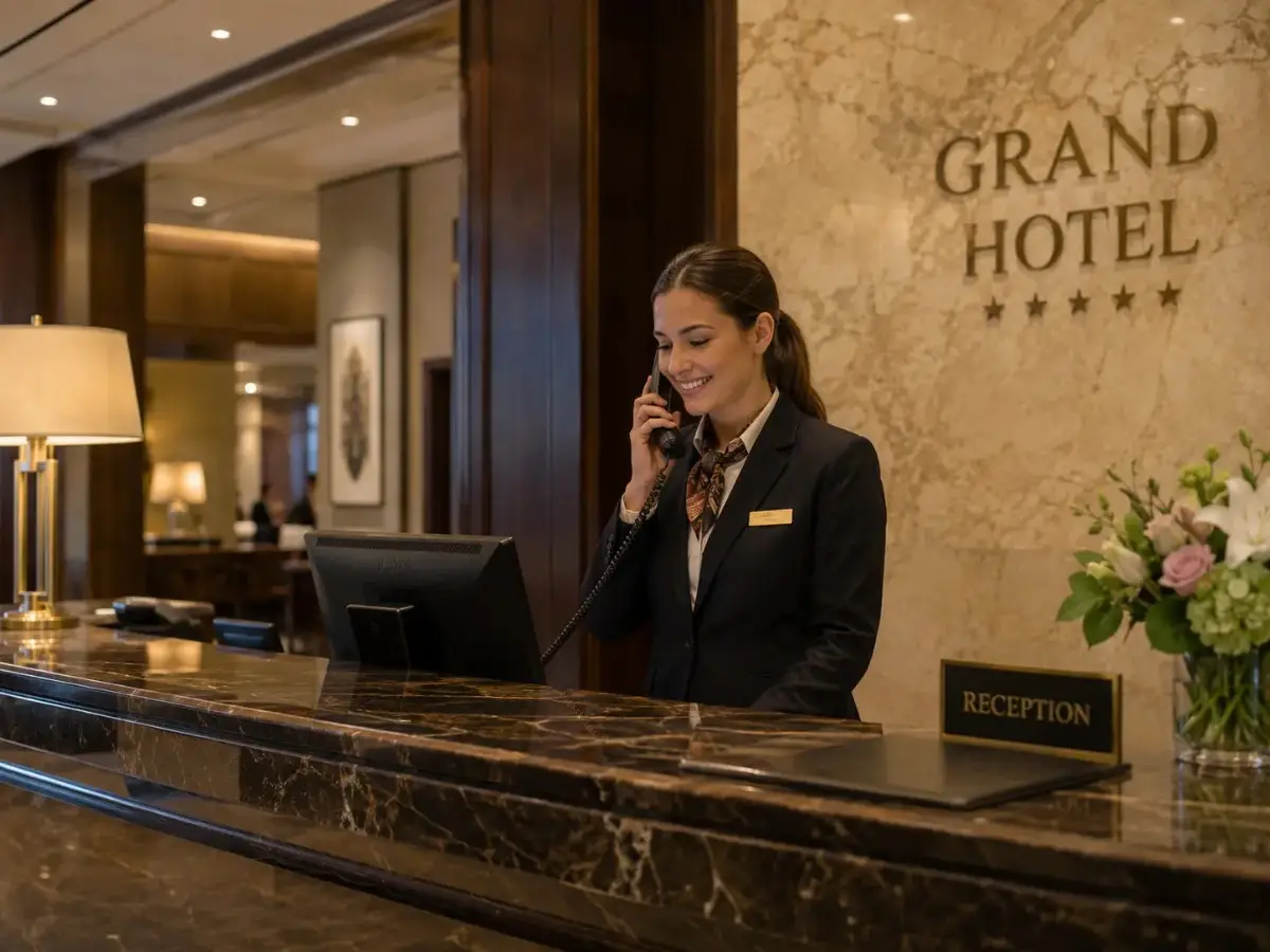 Hotel front desk team welcoming a guest at reception