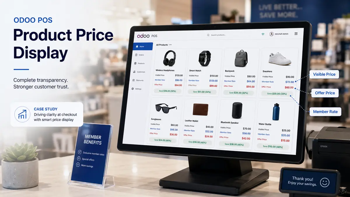 Odoo POS discount savings badge displayed on retail product cards