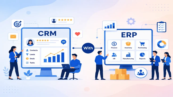 CRM and ERP integration dashboard showing customer management, finance, inventory, HR, and business operations connected on a unified platform.