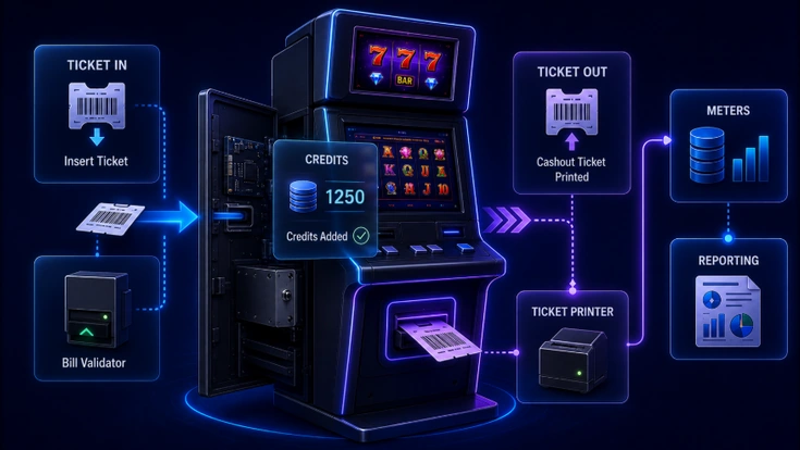 EGM ticket-in ticket-out flow showing ticket insertion and bill validator adding 1250 credits, then cashout ticket printed via the ticket printer and recorded to meters and reporting