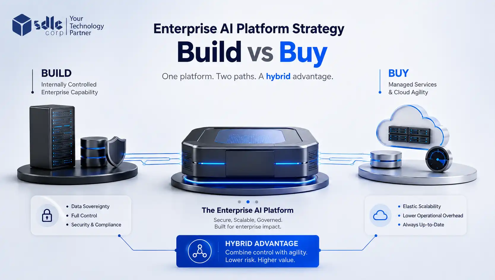 Enterprise AI platform strategy showing build vs buy infrastructure connected through a hybrid AI platform.