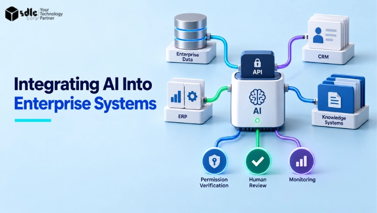 AI integration hub connecting enterprise data, CRM, ERP, and knowledge systems through secure APIs, with permission verification, human review, and monitoring controls.