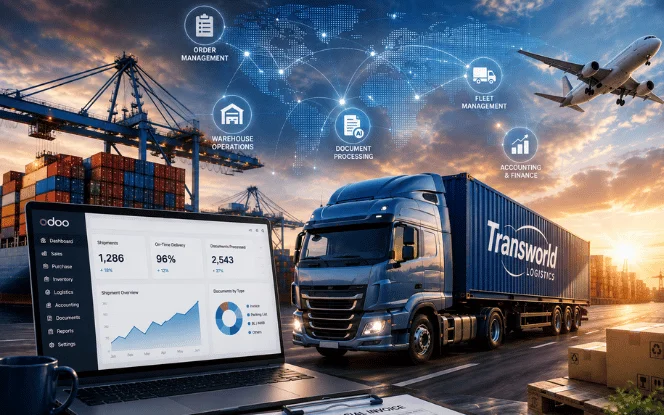 Transworld Logistics ERP and AI modernization dashboard showing connected shipment, fleet and warehouse records