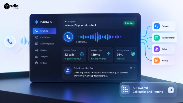 Pulastya AI dashboard for AI call intake, intent detection, and intelligent call routing