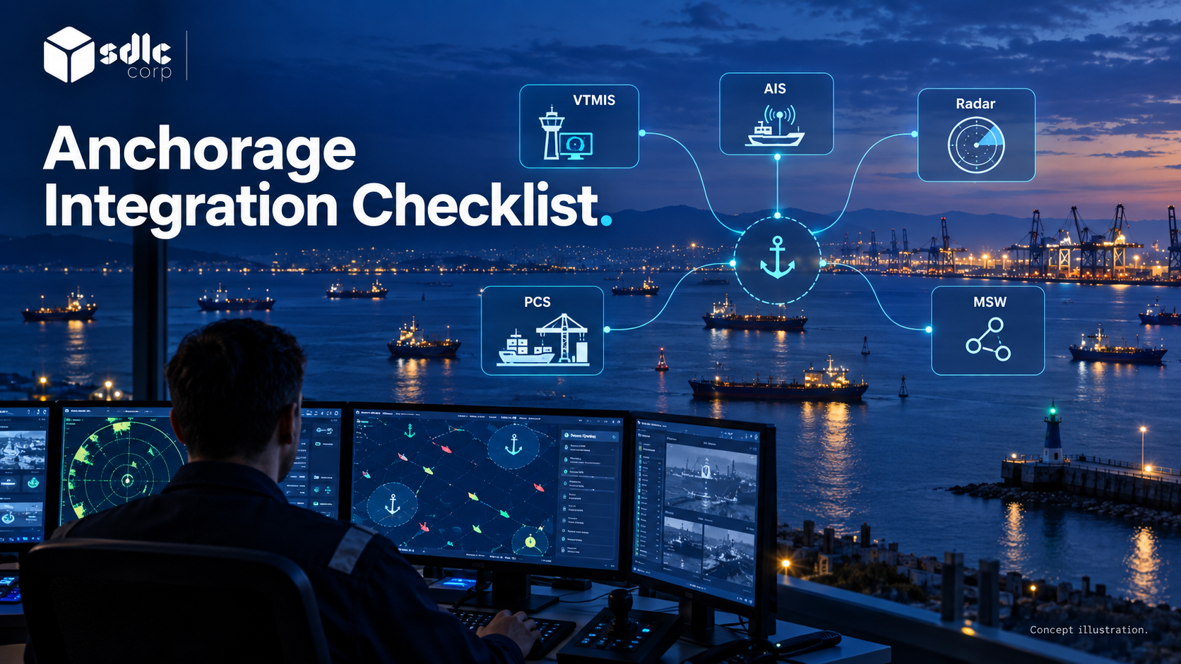 VTMIS, AIS, radar, PCS and MSW connected through owned interfaces.