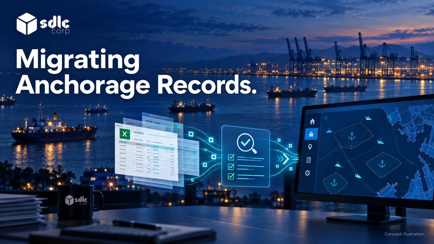 Spreadsheet records moving through validation into a port application.