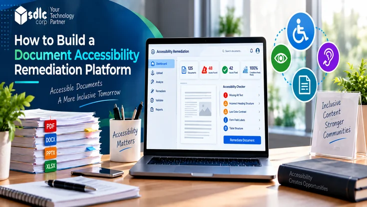 document accessibility remediation platform with an accessibility dashboard, digital Documents, and inclusive technology icons.