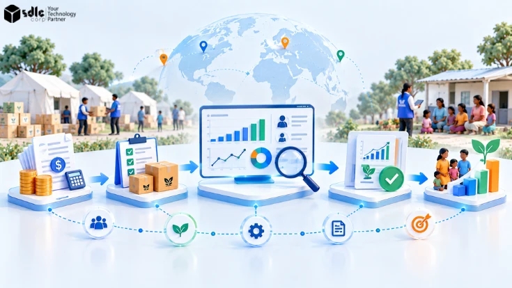 NGO monitoring and evaluation workflow connecting programme costs, approvals, delivery, financial tracking, performance indicators, and measurable results