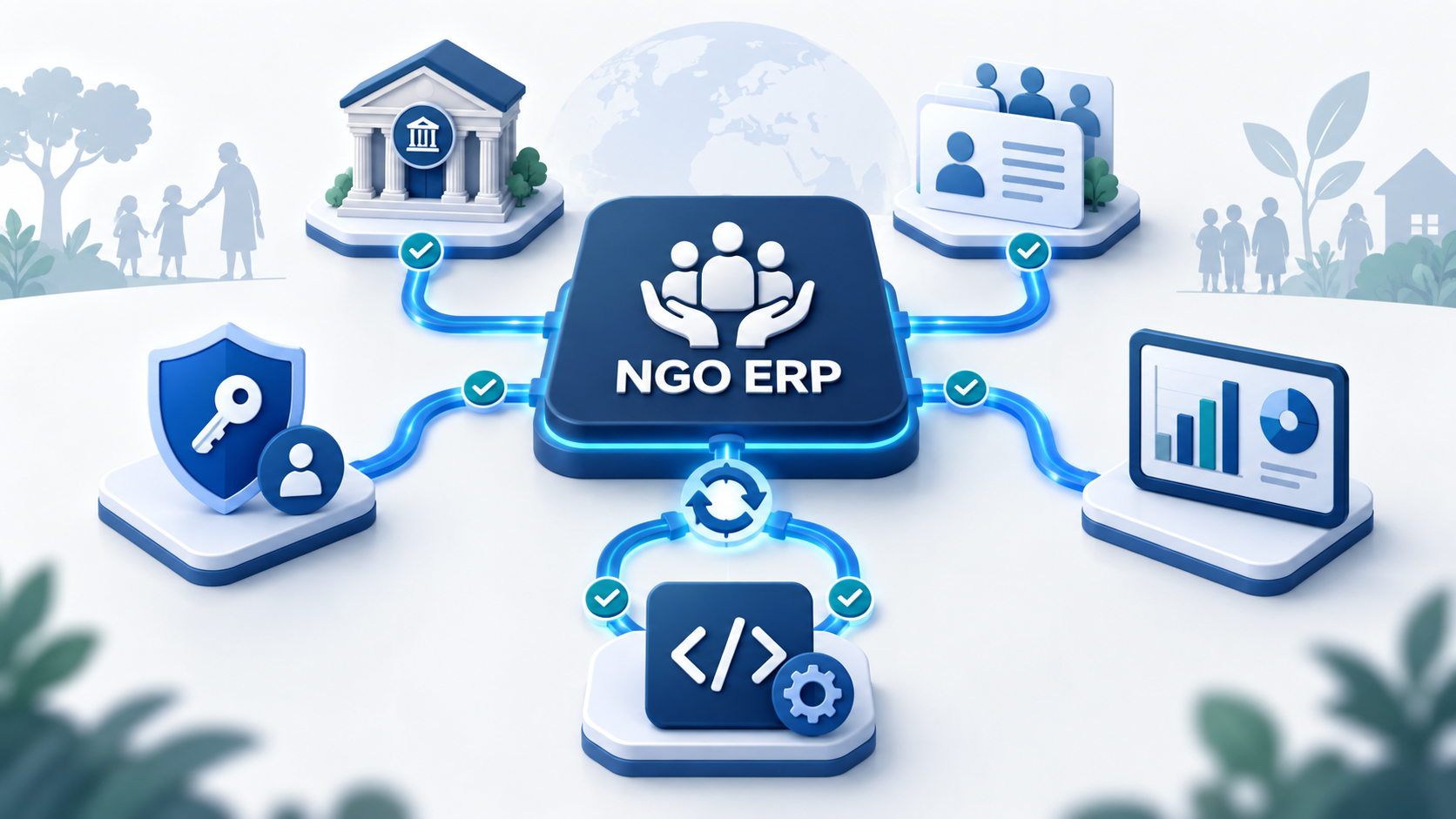 NGO ERP platform connected to banking, payroll, business intelligence, single sign-on, and API modules through controlled data workflows.