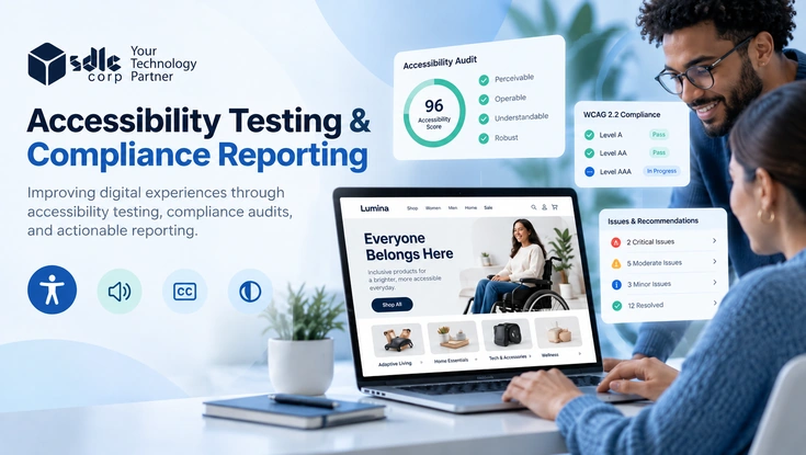 Accessibility testing and compliance reporting dashboard for a U.S. healthcare network showing patient journey results