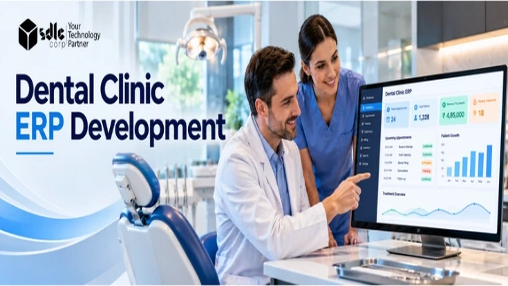 Dental Clinic ERP Development dashboard with dental professionals managing appointments, patients, revenue, and treatment data.