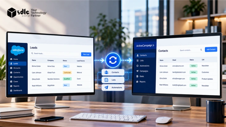 Salesforce to ActiveCampaign sync dashboard showing automated contact, list, and marketing data integration.