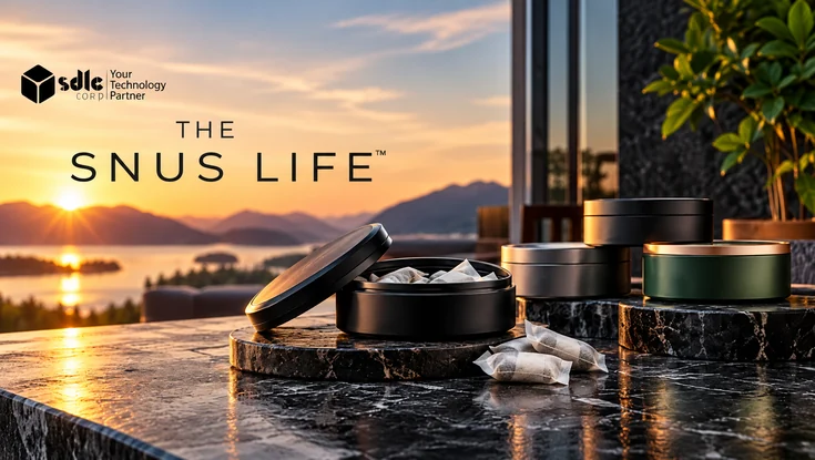 The Snus Life eCommerce platform banner featuring premium snus containers and nicotine pouches on a luxury marble surface at sunset.