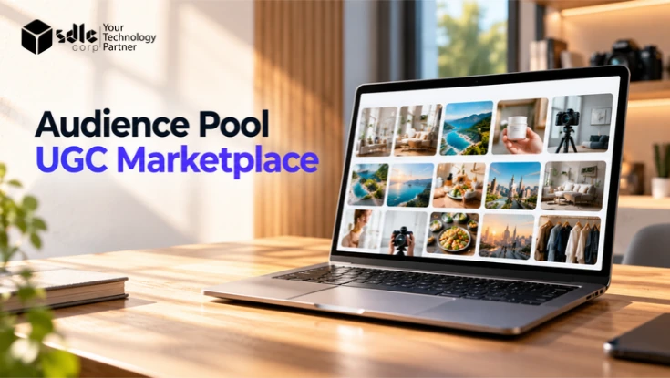 Audience Pool UGC Marketplace displayed on a laptop in a modern, realistic workspace.