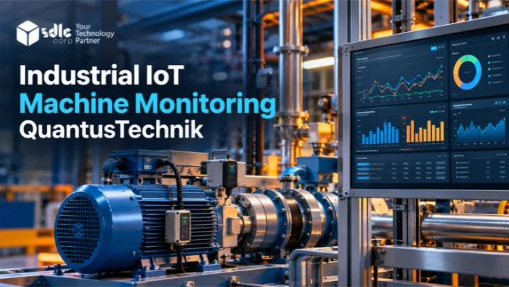 Industrial IoT machine monitoring system by QuantusTechnik featuring connected factory equipment and a real-time performance dashboard.