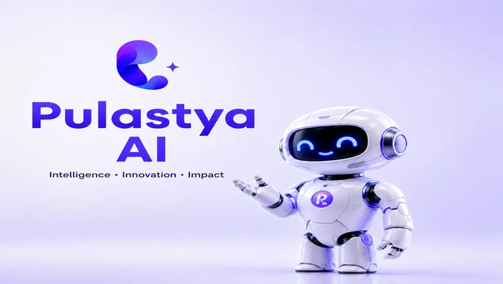 Pulastya AI banner featuring a friendly futuristic robot representing artificial intelligence, innovation, and digital transformation.