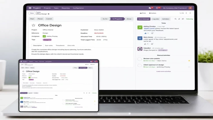 Odoo project management dashboard displayed on laptop and tablet, showing office design tasks, progress tracking, activities, and team collaboration.