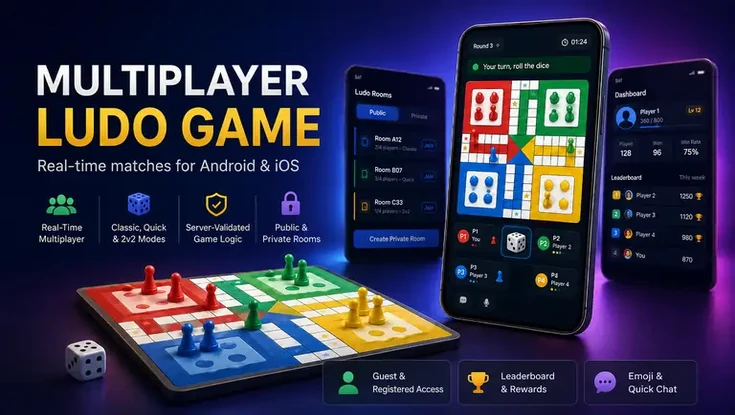 Multiplayer Ludo game interface with a four-colour board and player controls