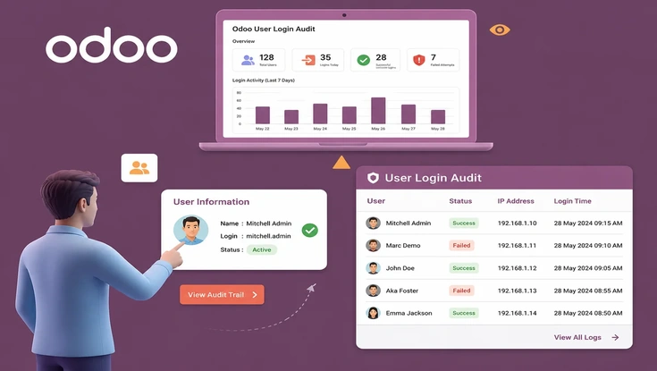 Odoo user login audit dashboard showing login activity, user details, IP addresses, timestamps, and successful or failed access attempts.