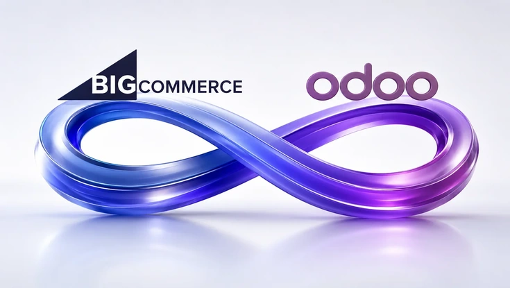 BigCommerce and Odoo integration represented by a connected infinity symbol for seamless eCommerce and ERP data synchronization.