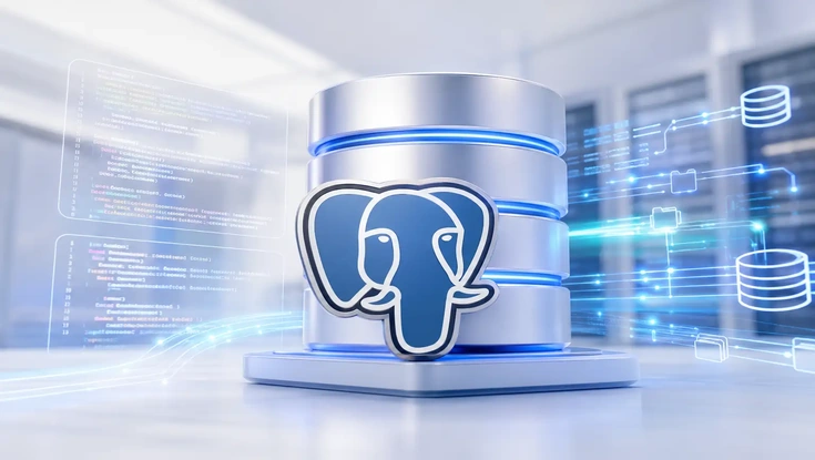 PostgreSQL database server with connected data systems and code interfaces representing database management, integration, and data processing.