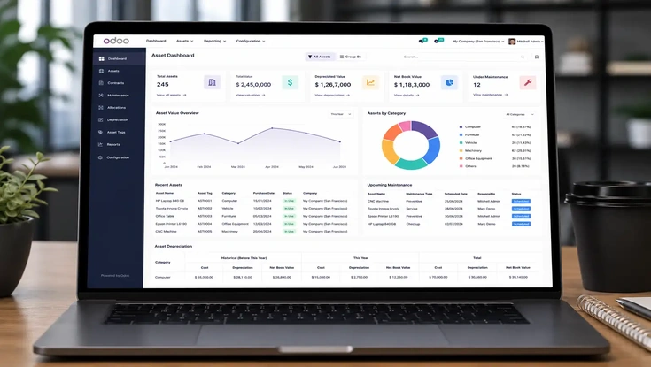 Odoo asset management dashboard showing asset values, depreciation, maintenance schedules, category breakdowns, and recent asset records.