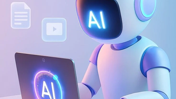 AI-powered robot using a laptop with digital content icons, representing artificial intelligence automation and intelligent workflow technology.