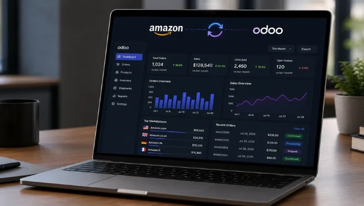 Amazon and Odoo integration dashboard showing synchronized orders, sales, inventory, marketplace performance, and recent order statuses.