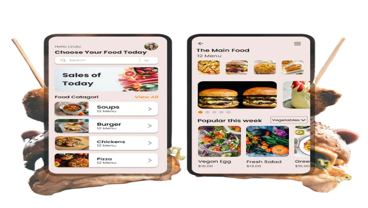 Mobile food ordering app interface showing food categories, menu items, burgers, salads, prices, and popular dishes.