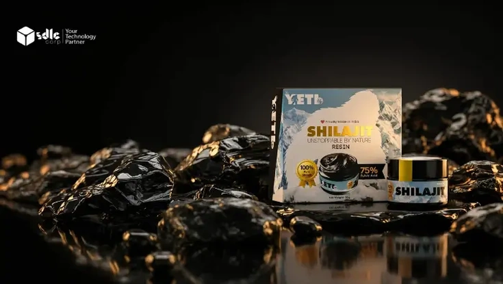Shilajit resin product packaging displayed on natural mineral rocks against a dark premium background.