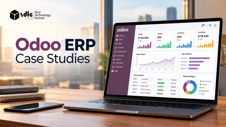 Odoo ERP case studies banner featuring an ERP dashboard with sales, orders, inventory, invoicing, and business analytics.
