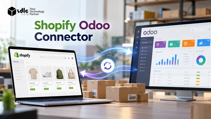 Shopify Odoo Connector showing synchronized eCommerce and ERP dashboards with real-time data flow and inventory management.