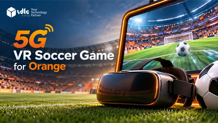 5G VR Soccer Game for Orange featuring a VR headset, football, and immersive soccer stadium experience.