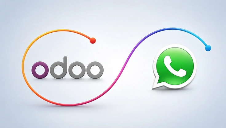 Odoo and WhatsApp logos connected by a colorful integration line, representing Odoo WhatsApp integration.