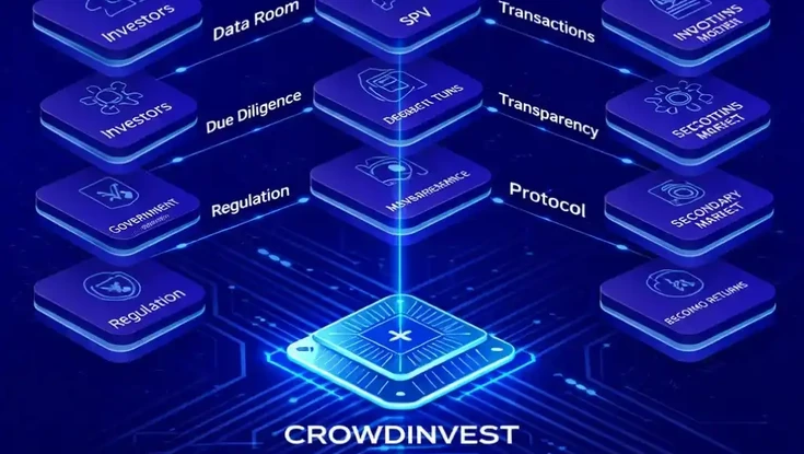 CrowdInvest platform architecture showing connected workflows for investors, due diligence, transactions, regulation, transparency, and secondary markets.