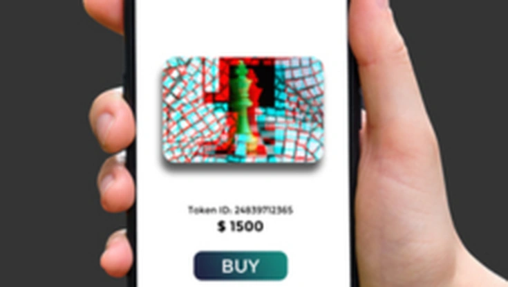 Hand holding a smartphone displaying an NFT marketplace with digital artwork, price, and buy button.