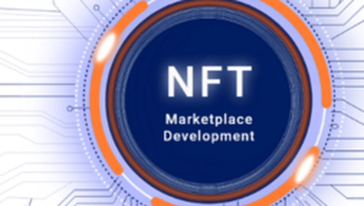NFT marketplace development concept with a central digital interface surrounded by circuit-style technology patterns.