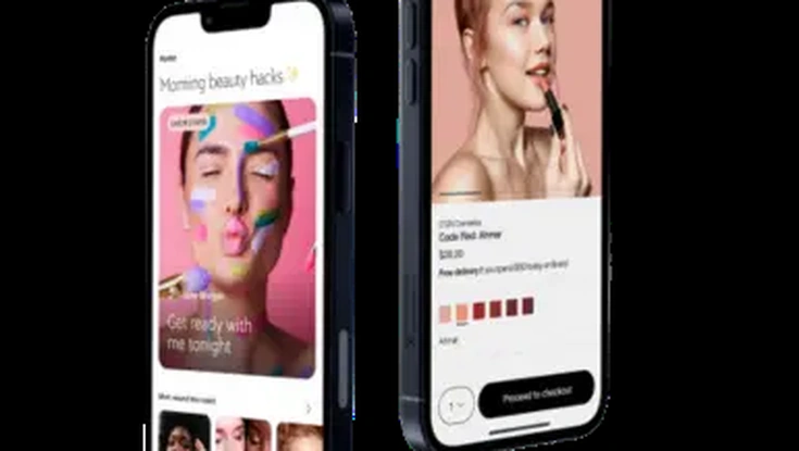 Two smartphone mockups displaying a beauty app with makeup tutorials, product details, shade selection, and personalized recommendations.