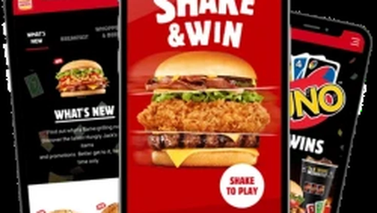 Three smartphone screens displaying a Shake & Win fast-food rewards app with burger promotions, daily prizes, and interactive offers.