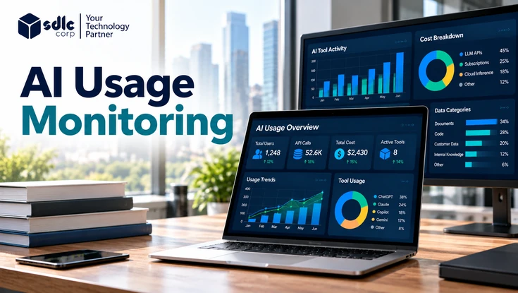 AI usage monitoring dashboard showing AI activity, tool usage, costs, and data analytics