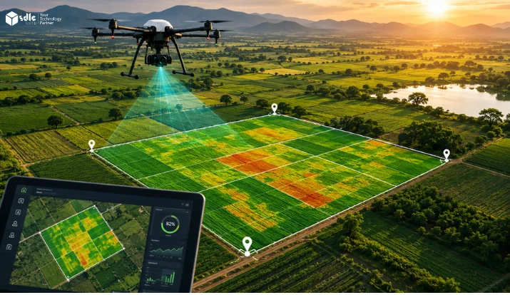 Agricultural drone scanning farmland with precision mapping, GPS field markers, and crop health analytics displayed on a digital dashboard.