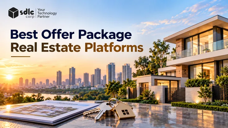 Best Offer Package Real Estate Platforms banner featuring a modern luxury home, property keys, brochure, city skyline, and SDLC Corp logo.