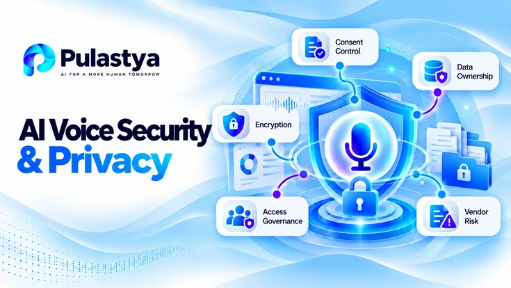 AI voice security and privacy illustration showing consent control, data ownership, encryption, access governance, and vendor risk around a protected voice agent.