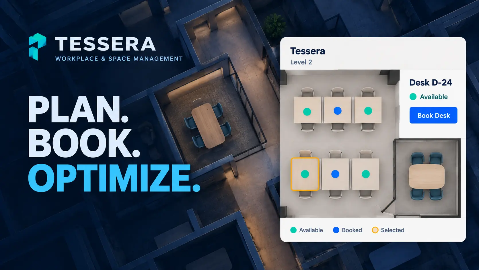 Tessera workplace and space management interface showing desk availability, a selected desk, and booking controls.