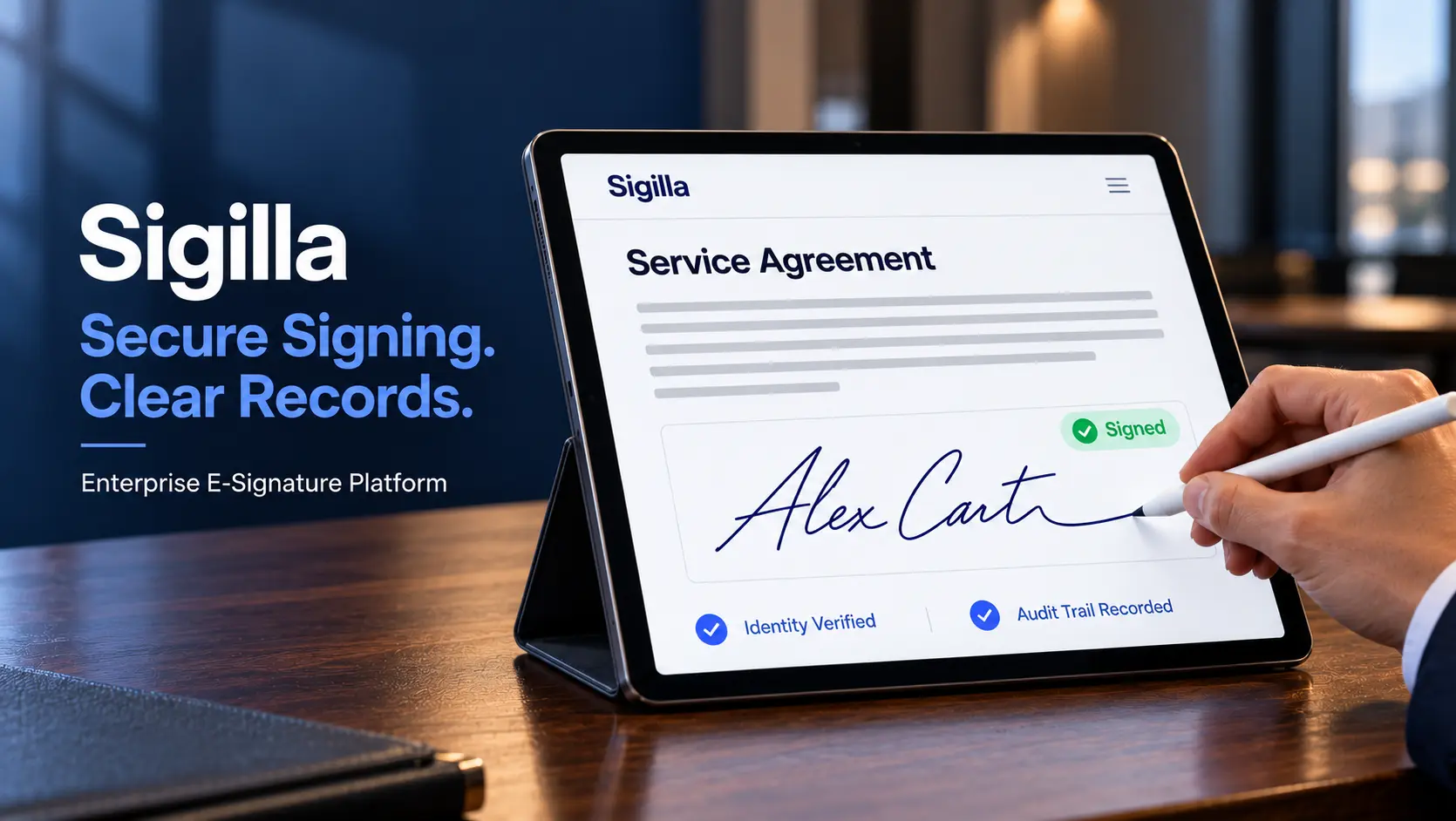 Professional signing a digital service agreement on a tablet using Sigilla, with identity verification and a recorded audit trail.