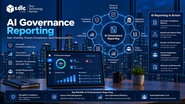 AI governance reporting dashboard for compliance monitoring, risk management, audit trails, and responsible AI oversight.