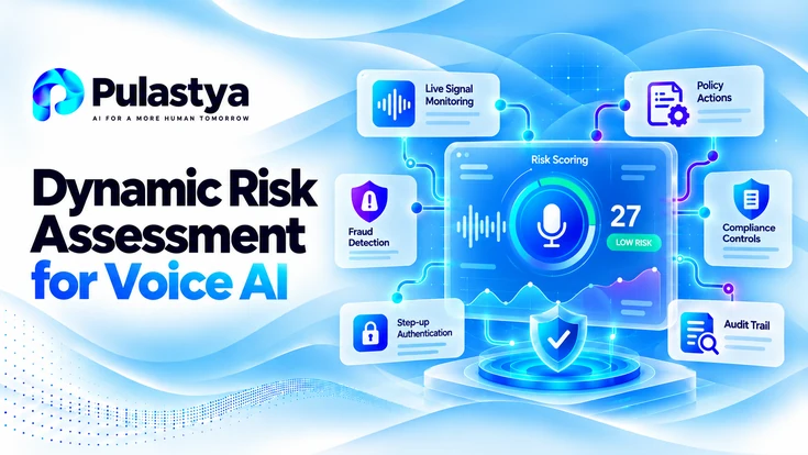 Dynamic risk assessment for Voice AI showing live signal monitoring, risk scoring, fraud detection, policy actions, compliance controls, authentication, and audit trails.