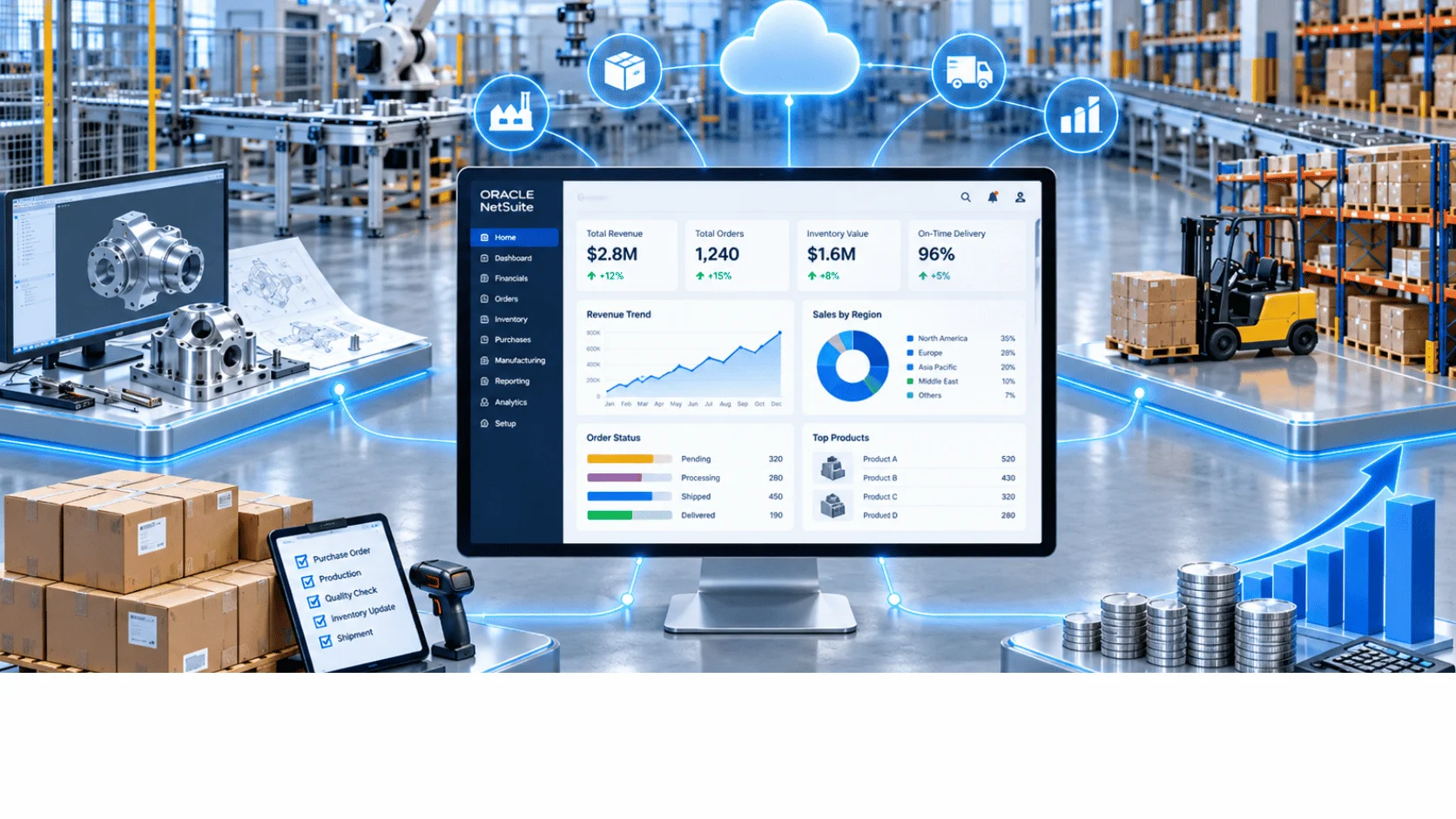 Unioteq Oracle NetSuite ERP manufacturing and inventory dashboard.